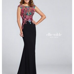 Ellie Wilde Elegant Black Gown with Pink and Teal Embroidery